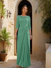 Sheath Column Cowl Neck 3 4 Sleeves Floor Length Mother Of The Bride Dresses With Tulle Sash Slit Jewel Appliques