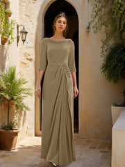 Sheath Column Cowl Neck 3 4 Sleeves Floor Length Mother Of The Bride Dresses With Tulle Sash Slit Jewel Appliques
