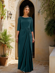 Sheath Column Cowl Neck 3 4 Sleeves Floor Length Mother Of The Bride Dresses With Tulle Sash Slit Jewel Appliques