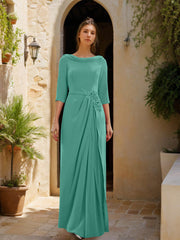 Sheath Column Cowl Neck 3 4 Sleeves Floor Length Mother Of The Bride Dresses With Tulle Sash Slit Jewel Appliques