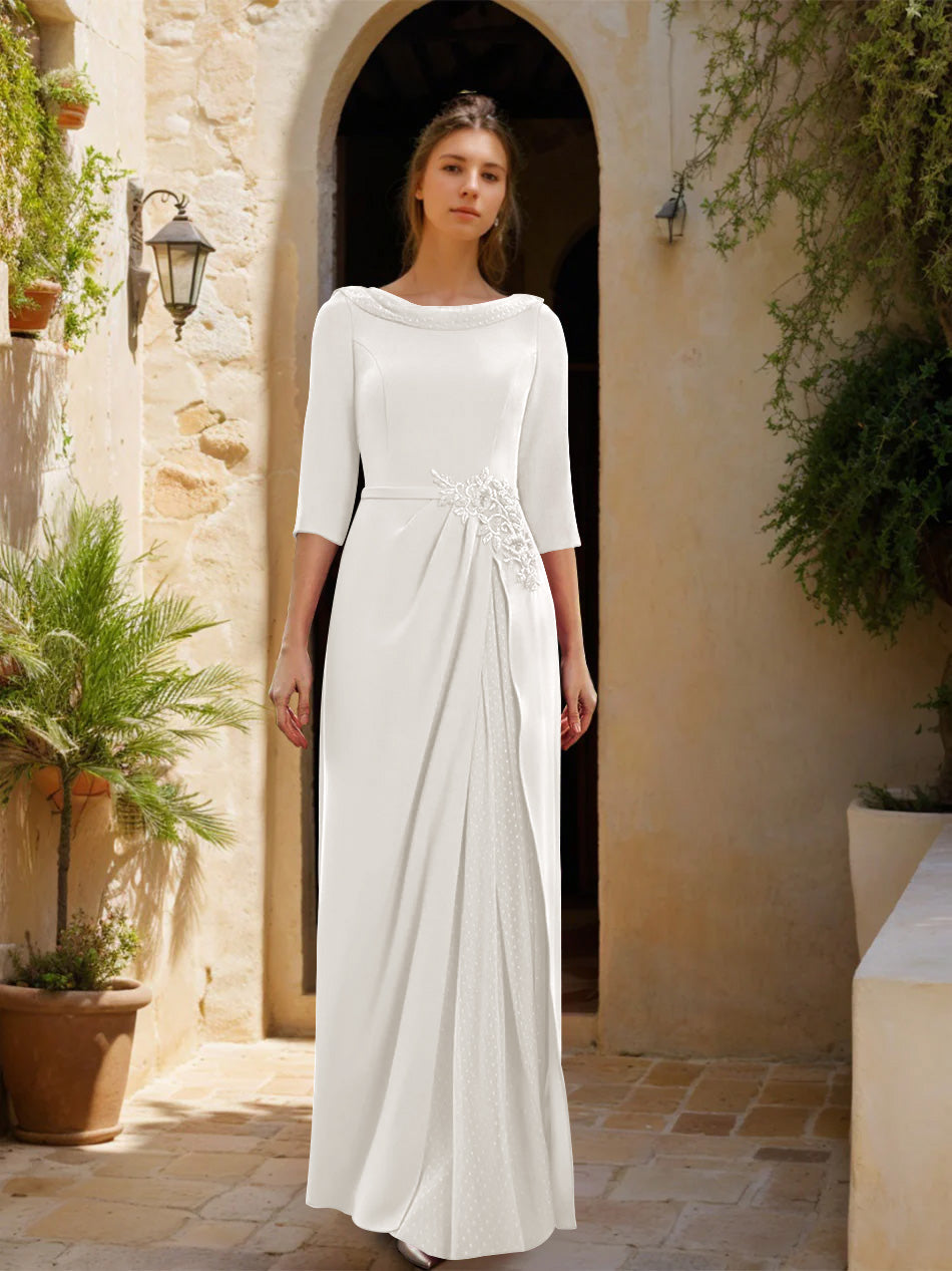 Sheath Column Cowl Neck 3 4 Sleeves Floor Length Mother Of The Bride Dresses With Tulle Sash Slit Jewel Appliques