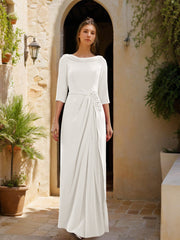 Sheath Column Cowl Neck 3 4 Sleeves Floor Length Mother Of The Bride Dresses With Tulle Sash Slit Jewel Appliques