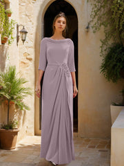 Sheath Column Cowl Neck 3 4 Sleeves Floor Length Mother Of The Bride Dresses With Tulle Sash Slit Jewel Appliques