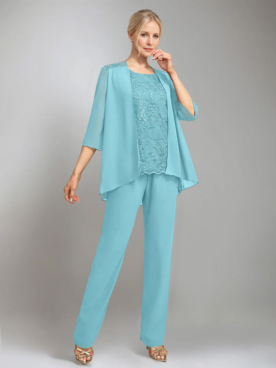 3 Pieces Scoop Sleeveless Floor Length Mother Of The Bride Pantsuits With Jacket