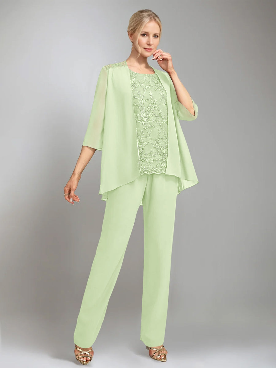 3 Pieces Scoop Sleeveless Floor Length Mother Of The Bride Pantsuits With Jacket