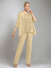 3 Pieces Scoop Sleeveless Floor Length Mother Of The Bride Pantsuits With Jacket