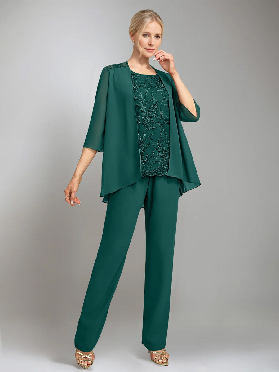 3 Pieces Scoop Sleeveless Floor Length Mother Of The Bride Pantsuits With Jacket