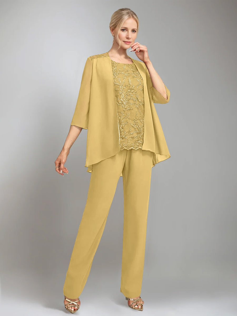 3 Pieces Scoop Sleeveless Floor Length Mother Of The Bride Pantsuits With Jacket