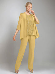 3 Pieces Scoop Sleeveless Floor Length Mother Of The Bride Pantsuits With Jacket