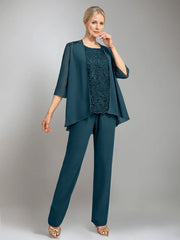 3 Pieces Scoop Sleeveless Floor Length Mother Of The Bride Pantsuits With Jacket