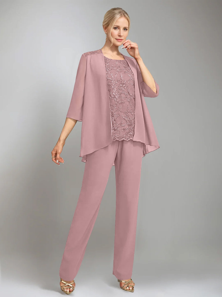 3 Pieces Scoop Sleeveless Floor Length Mother Of The Bride Pantsuits With Jacket