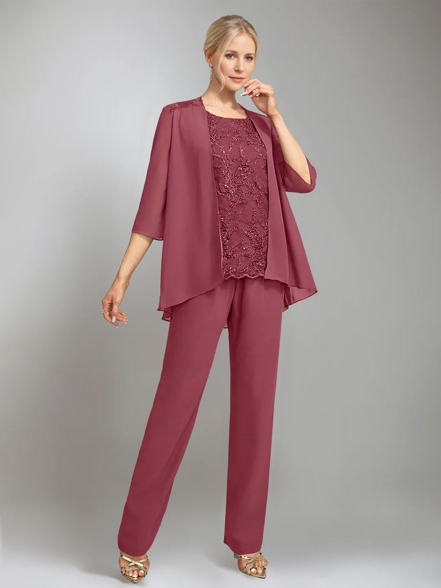 3 Pieces Scoop Sleeveless Floor Length Mother Of The Bride Pantsuits With Jacket