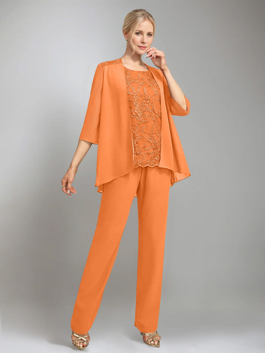3 Pieces Scoop Sleeveless Floor Length Mother Of The Bride Pantsuits With Jacket