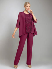 3 Pieces Scoop Sleeveless Floor-Length Mother of the Bride Pantsuits with Jacket
