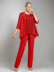 3 Pieces Scoop Sleeveless Floor Length Mother Of The Bride Pantsuits With Jacket