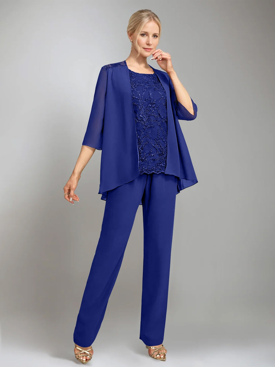 3 Pieces Scoop Sleeveless Floor Length Mother Of The Bride Pantsuits With Jacket