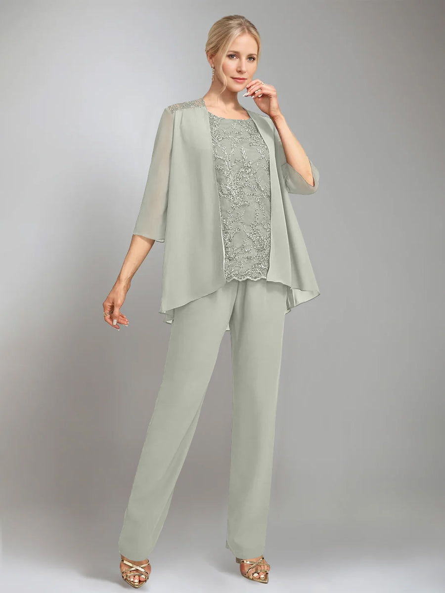 3 Pieces Scoop Sleeveless Floor Length Mother Of The Bride Pantsuits With Jacket