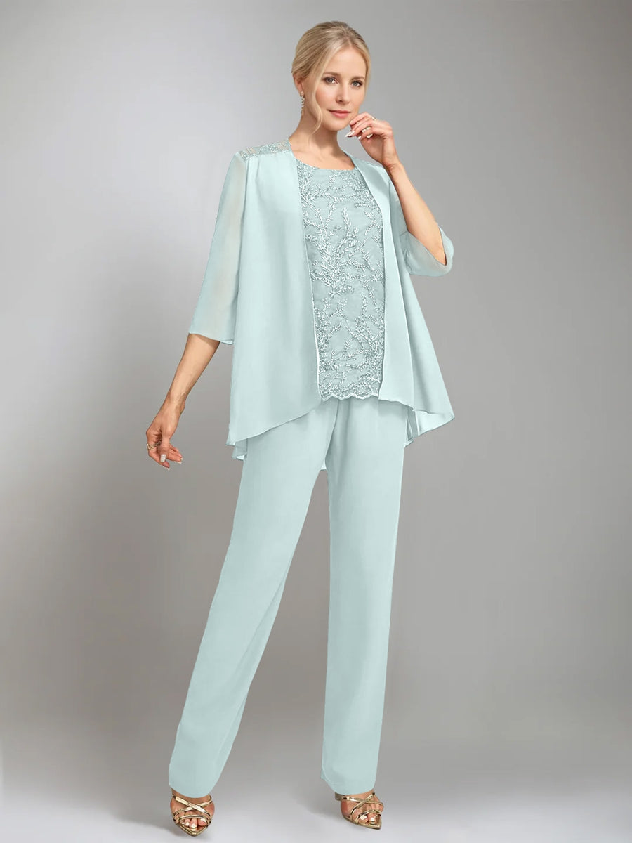 3 Pieces Scoop Sleeveless Floor Length Mother Of The Bride Pantsuits With Jacket