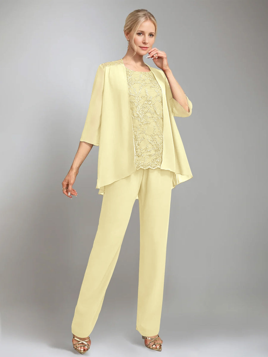 3 Pieces Scoop Sleeveless Floor Length Mother Of The Bride Pantsuits With Jacket