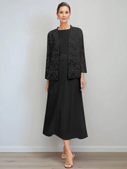 A Line Princess Jewel Neck Tea Length Mother Of The Bride Dresses With Jacket Lace