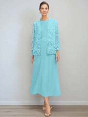 A Line Princess Jewel Neck Tea Length Mother Of The Bride Dresses With Jacket Lace