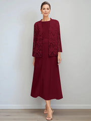 A Line Princess Jewel Neck Tea Length Mother Of The Bride Dresses With Jacket Lace