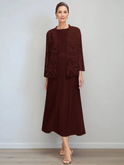 A-Line/Princess Jewel Neck Tea Length Mother of the Bride Dresses with Jacket & Lace