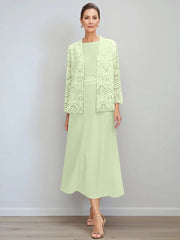 A Line Princess Jewel Neck Tea Length Mother Of The Bride Dresses With Jacket Lace