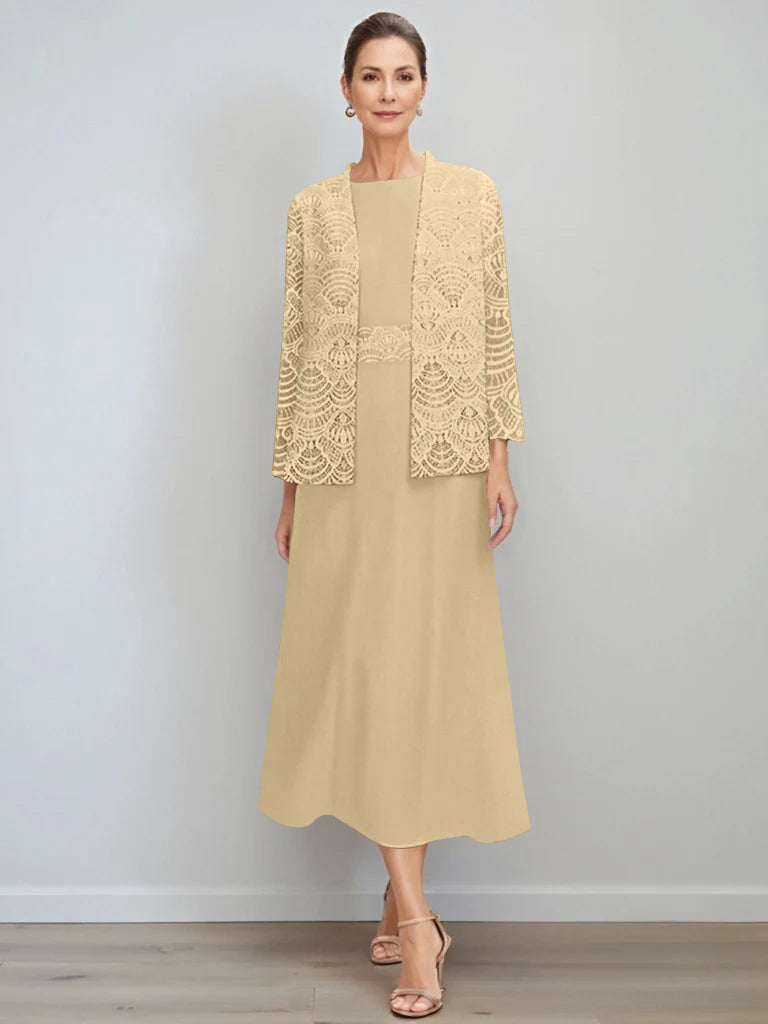 A Line Princess Jewel Neck Tea Length Mother Of The Bride Dresses With Jacket Lace