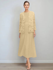 A Line Princess Jewel Neck Tea Length Mother Of The Bride Dresses With Jacket Lace