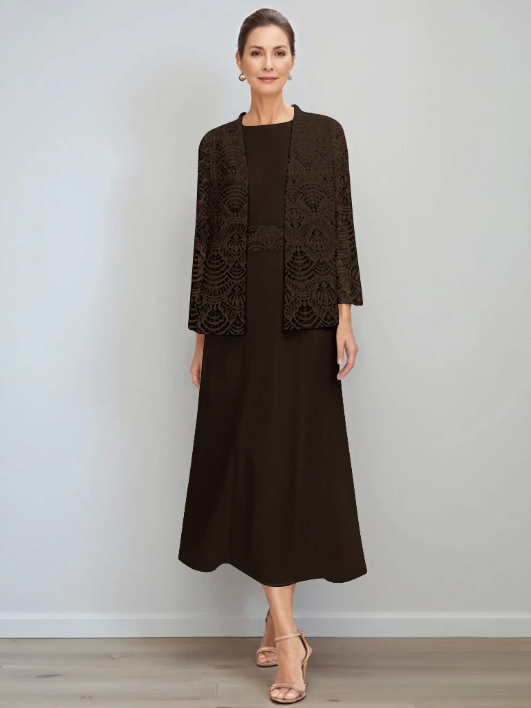 A Line Princess Jewel Neck Tea Length Mother Of The Bride Dresses With Jacket Lace