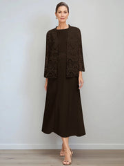 A Line Princess Jewel Neck Tea Length Mother Of The Bride Dresses With Jacket Lace