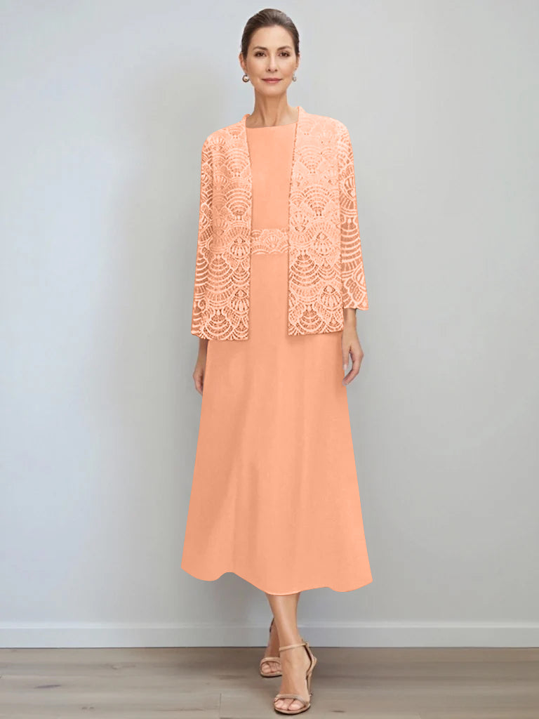A Line Princess Jewel Neck Tea Length Mother Of The Bride Dresses With Jacket Lace