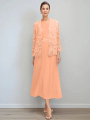 A Line Princess Jewel Neck Tea Length Mother Of The Bride Dresses With Jacket Lace