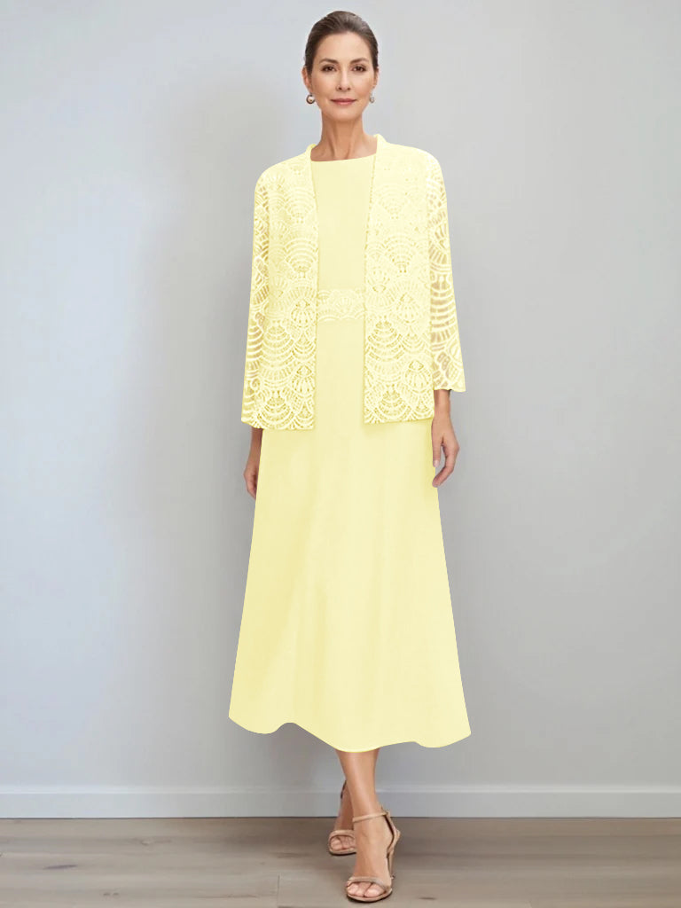 A Line Princess Jewel Neck Tea Length Mother Of The Bride Dresses With Jacket Lace