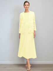 A Line Princess Jewel Neck Tea Length Mother Of The Bride Dresses With Jacket Lace