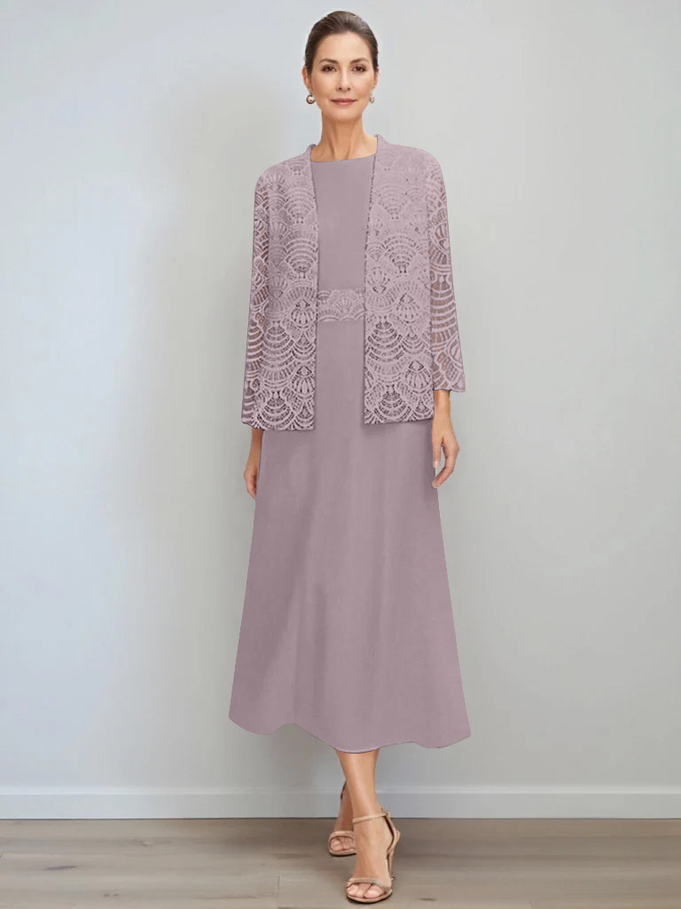 A Line Princess Jewel Neck Tea Length Mother Of The Bride Dresses With Jacket Lace