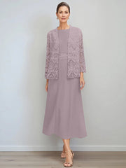 A Line Princess Jewel Neck Tea Length Mother Of The Bride Dresses With Jacket Lace