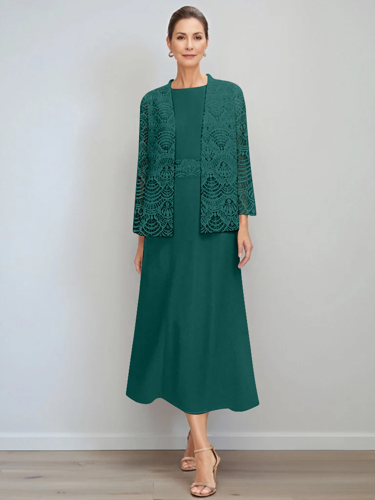 A Line Princess Jewel Neck Tea Length Mother Of The Bride Dresses With Jacket Lace