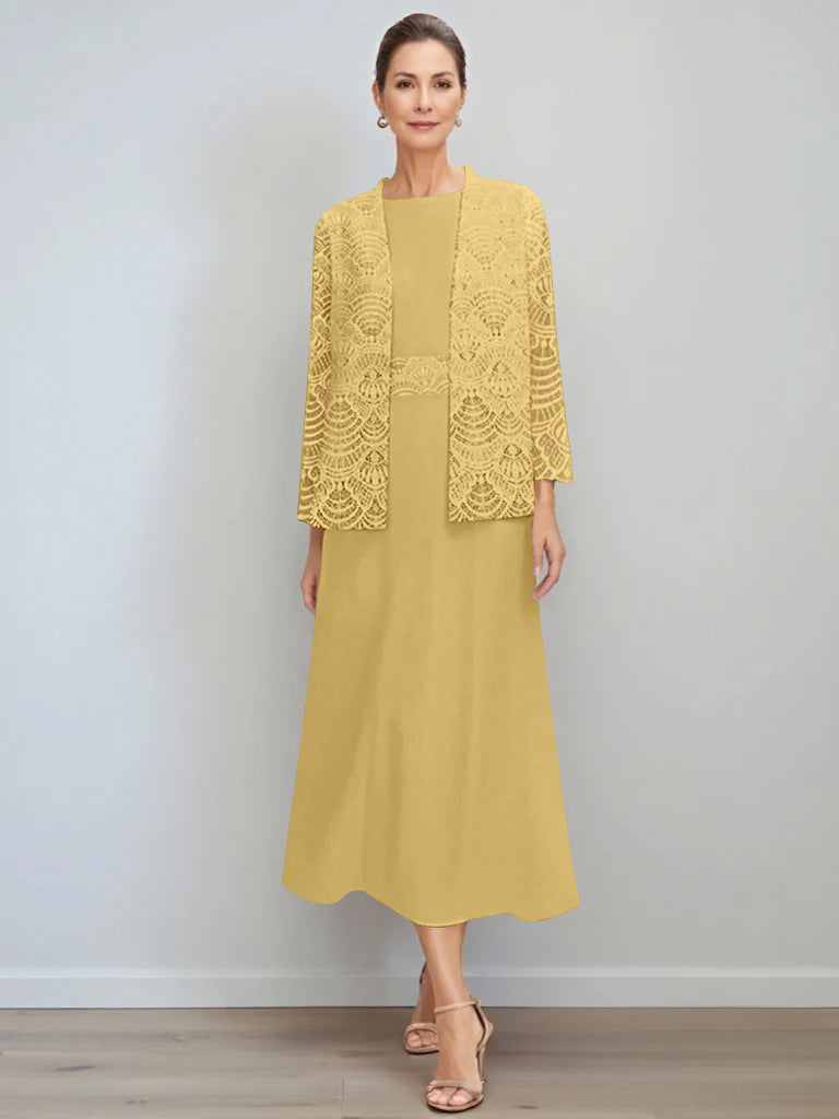 A Line Princess Jewel Neck Tea Length Mother Of The Bride Dresses With Jacket Lace