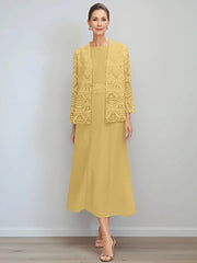 A Line Princess Jewel Neck Tea Length Mother Of The Bride Dresses With Jacket Lace