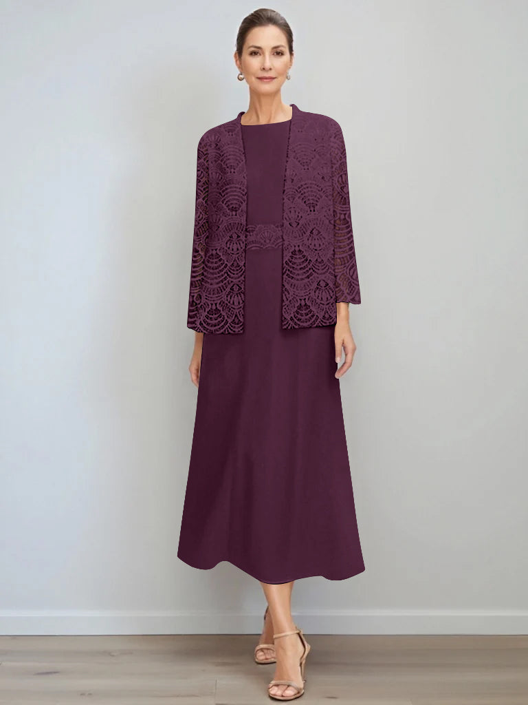 A Line Princess Jewel Neck Tea Length Mother Of The Bride Dresses With Jacket Lace