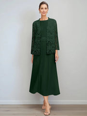 A Line Princess Jewel Neck Tea Length Mother Of The Bride Dresses With Jacket Lace