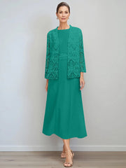A Line Princess Jewel Neck Tea Length Mother Of The Bride Dresses With Jacket Lace