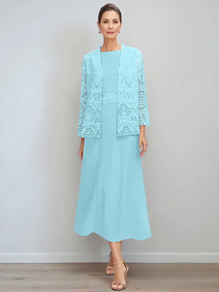 A Line Princess Jewel Neck Tea Length Mother Of The Bride Dresses With Jacket Lace