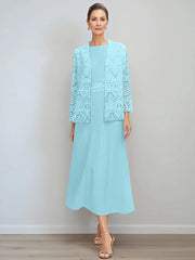 A Line Princess Jewel Neck Tea Length Mother Of The Bride Dresses With Jacket Lace
