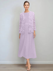 A Line Princess Jewel Neck Tea Length Mother Of The Bride Dresses With Jacket Lace