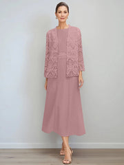 A Line Princess Jewel Neck Tea Length Mother Of The Bride Dresses With Jacket Lace