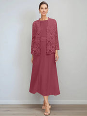 A-Line/Princess Jewel Neck Tea Length Mother of the Bride Dresses with Jacket & Lace