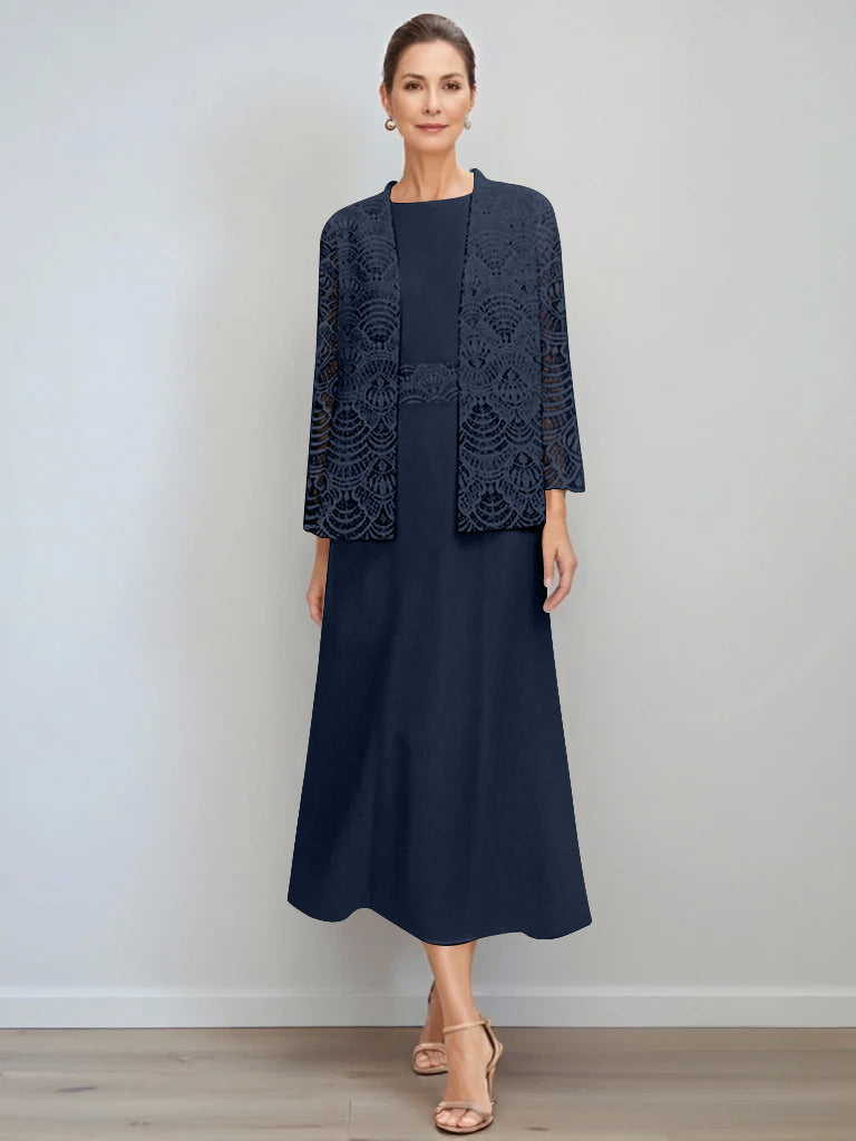 A Line Princess Jewel Neck Tea Length Mother Of The Bride Dresses With Jacket Lace